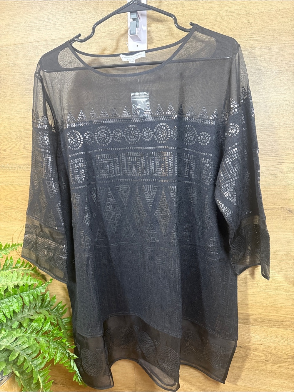 Adrienne Vittadini Black Sheer Embroidered Tunic Top